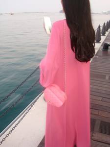 Hafizah Hot Pink Abaya Wanita Muslim Kimono Terbuka dengan Renda Scallop Chiffon Dubai Islami Grosir Gaun Maxi <span class=keywords><strong>Cardigan</strong></span> - Product Image 4