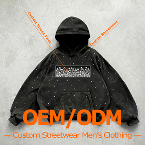 เสื้อฮู้ดดี้ผ้าฟลีซคอตตอน 100% หนานุ่ม สไตล์สตรีทแวร์สำหรับผู้ชาย แบบ ODM สั่งทำพิเศษ ล้างสีแบบแอซิดวอช ฟอกสีซีดแบบซันเฟด ประดับด้วยลายกราฟิกและคริสตัล พิมพ์ลายสกรีน - Product Image 1