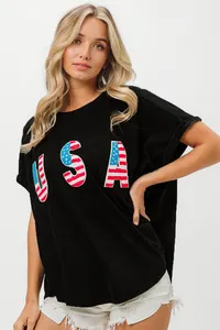 Lovedagear Camisa de lantejoulas para mulheres com logotipo personalizado, blusa patriótica de 4 de julho, verão, dia da independência dos EUA, bordado de terry