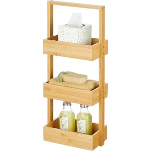 Estante de almacenamiento de bambú de tres niveles, color madera natural, estante de baño independiente con caja para pañuelos, jabón y soporte para botellas - Product Image 1