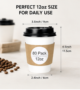 แก้วกาแฟกระดาษสีขาวแบบใช้แล้วทิ้งขนาด 12 ออนซ์ พร้อมฝาปิดและปลอกกระดาษคราฟท์ 80 ชิ้น แก้วกระดาษแบบผนังเดียวสำหรับเครื่องดื่มร้อน - Product Image 1