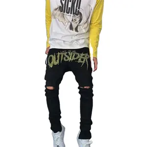 Custom Men Black Jeans Stretchy Destroyed Hole Taped Slim Fit Trousers Ripped Skinny Hot Drill Punk Denim Pencil Pants