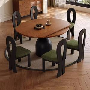 Table à manger ronde en bois massif convertible, ensemble de 6 pièces, meubles de salle à manger extensibles - Product Image 1