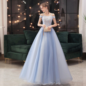 Off The Shoulder Tulle Ball Gown Dress Empire Waist Lace Up Blue Gray Adult Evening Wear - Product Image 4
