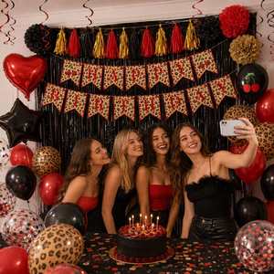 Décoration de fête, 80 pièces, kits de guirlandes de ballons rouges et dorés avec bannière Joyeux Anniversaire, rideau à franges, ensembles de ballons léopard et cerise - Product Image 2