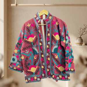 Veste en coton brodée florale artisanale de qualité supérieure pour femme, col mandarin, manches trois quarts, style Prairie Chic, printemps - Product Image 1
