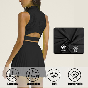 Kadınlar hızlı kuru atletik nefes Pickleball elbise V yaka yarım Zip Golf tenis Padel şort ile yeni stil pileli etek - Product Image 4