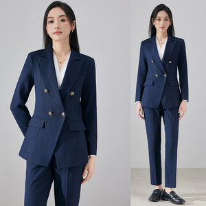 Women's Wool Suit Set Double Breasted Blue Formal Workwear Office Wear Professional Attire Interview Uniform - Product Image 1