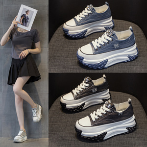 Jeans-style high-heel white sneakers for <b>women</b>, new style, fashionable, versatile, retro thick-soled, sporty and casual shoes - Product Image 6
