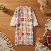 Cardigan en tricot pour femme, style bohème, crocheté à la main, motif géométrique coloré ajouré, col rond, manches longues, personnalisable, longueur midi