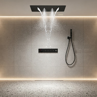 Ensemble de douche thermostatique moderne encastré au plafond avec affichage de la température, fonction pluie et cascade, et robinet de baignoire