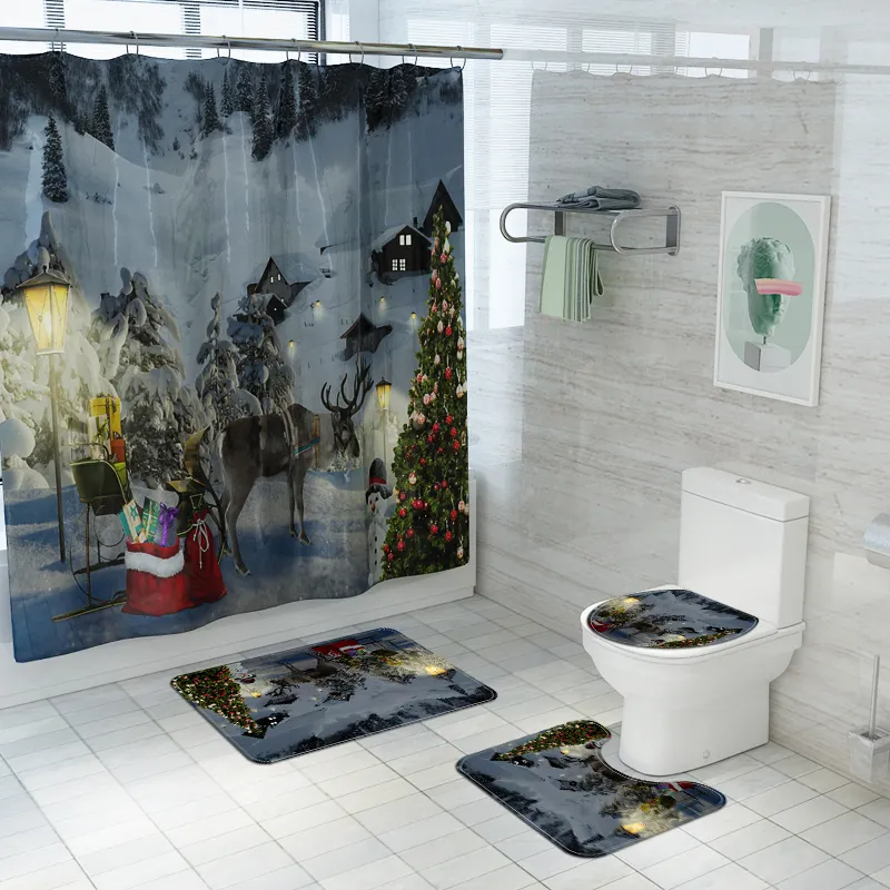 3D tarzı canlı ve beton lüks yılbaşı ağacı kardan adam desen 4 adet duş perdesi banyo seti