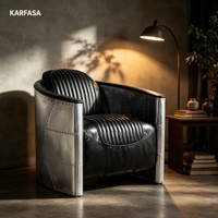 Canapé industriel personnalisé KARFASA modèle 2046-1S, une place, en cuir véritable, accoudoirs en aluminium vintage, accent métallique fait main, style aviateur