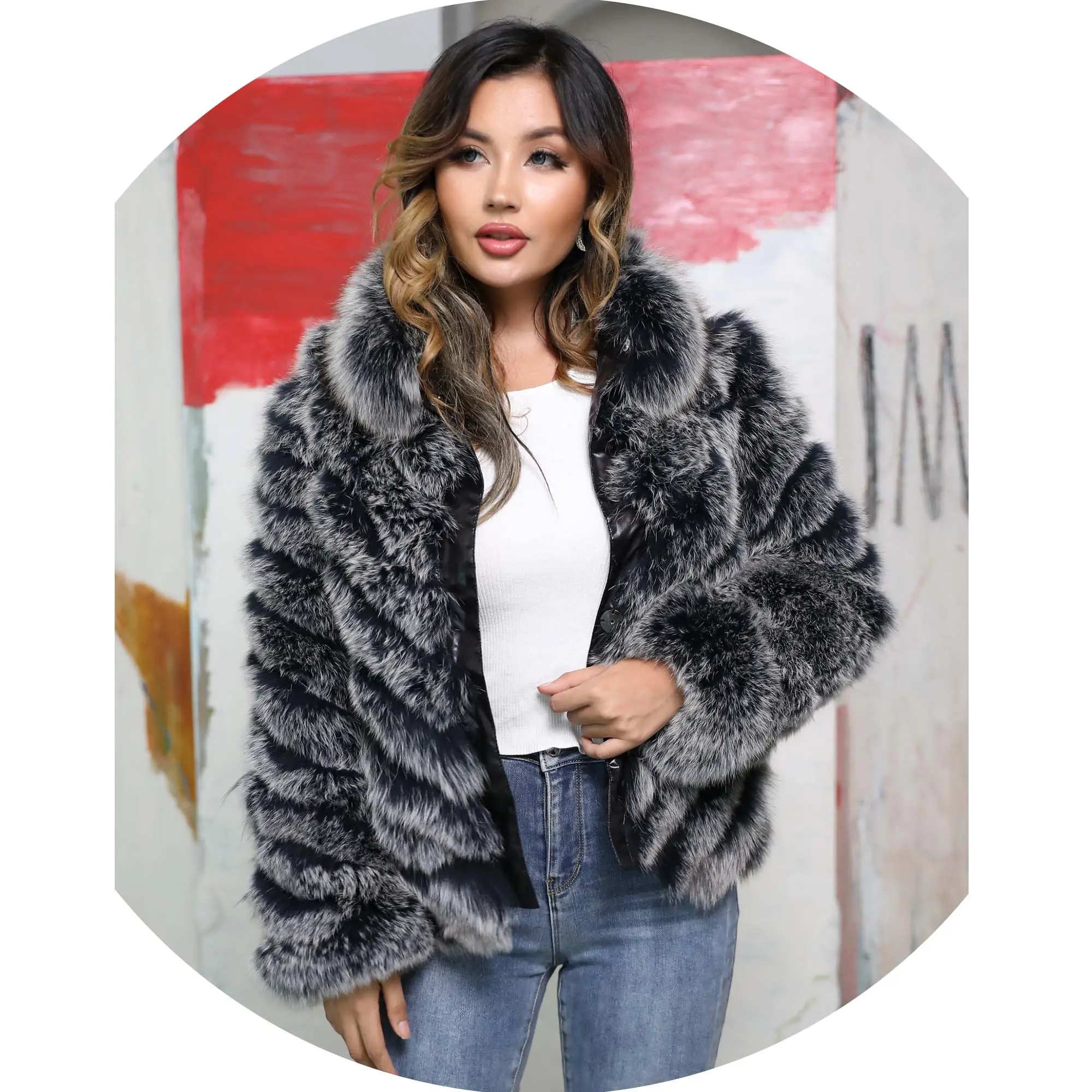 Brazil Shop Supplier Double-Side Wear Fur Coat Women Shiny Fabric Reversible Fur Jackets Coat