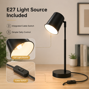 Lampe de bureau moderne en fer noir avec tête rotative, ampoule E27 et interrupteur sur câble pour la lecture, l'étude, la chambre à coucher, le chevet et le travail - Product Image 4