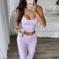 Pyjama à Bretelles Femme Sweethoney – Ensemble Décontracté et Sexy avec Débardeur et Pantalon à Bord Côtelé à Motifs Floraux – Style Européen et Américain pour la Maison