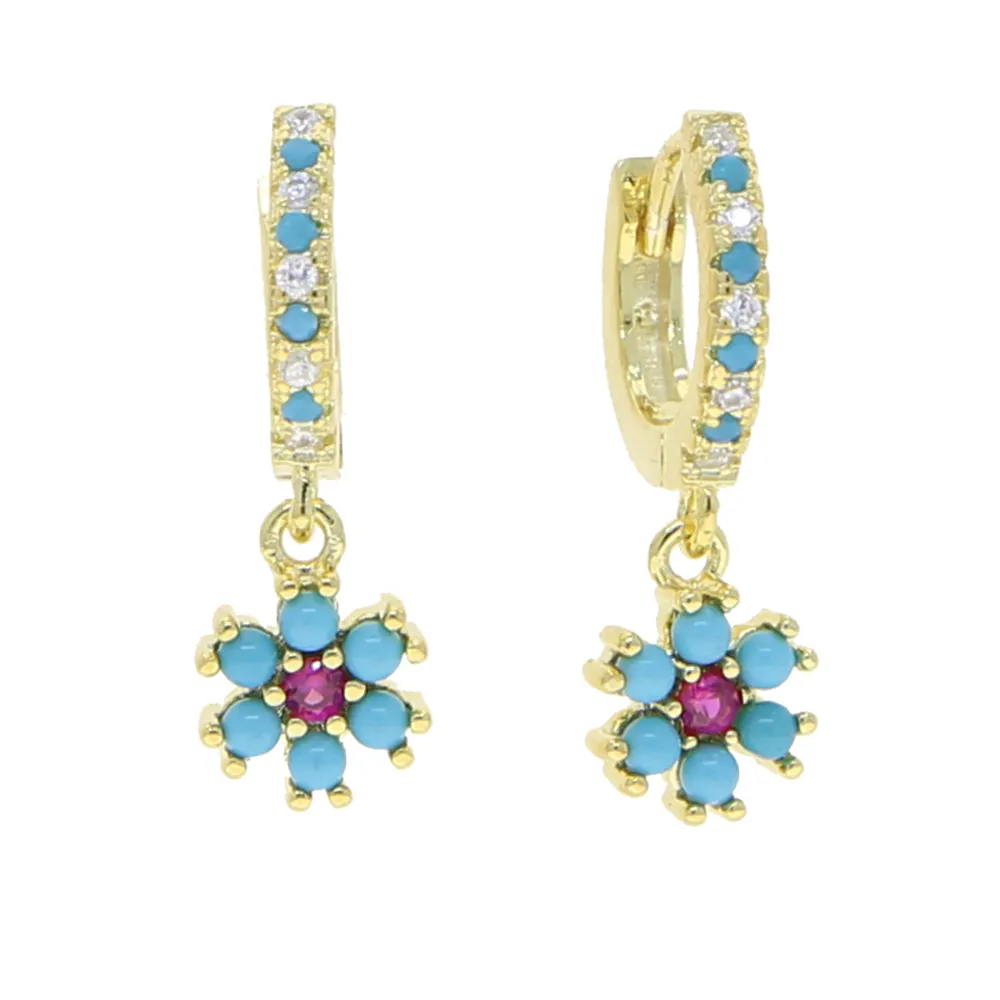 2022 Summer New Delicate Red Blue Flowers cz Charm Earring Pave Turquoises Stone Gold Color Dangle Earring Fashion Women Jewelry