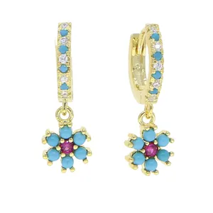 2023 Summer New Delicate Red Blue Flowers cz Charm Earring Pave Turquoises Stone Gold Color Dangle Earring Fashion Women Jewelry