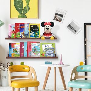JUNJI <span class=keywords><strong>36</strong></span> Inch Flutuante Imagem Ledge Deep Walnut Wood Wall Mount Prateleiras Flutuantes Set 2 Kids Room Decoração Do Banheiro Prateleiras Longas