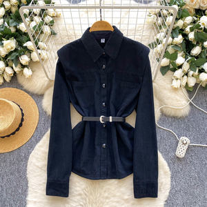 Camicette autunnali a maniche lunghe con collo rovesciato <span class=keywords><strong>Vintage</strong></span> in Denim da donna camicie solide da donna con <span class=keywords><strong>top</strong></span> retrò vestiti da donna all'ingrosso - Product Image 1