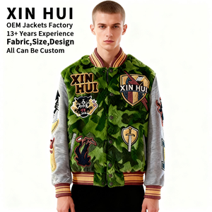 Custom Luxury Green <b>Camo</b> Faux Fur Varsity Bomber <b>Jacket</b> Men's High Quality Chenille Patch Embroidery Wool Blend Winter Fleece - Product Image 2