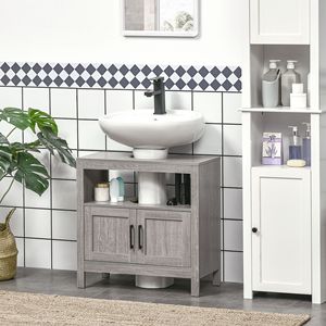 Meuble de salle de bain gris sur pied avec 2 portes et étagère ouverte - Product Image 3