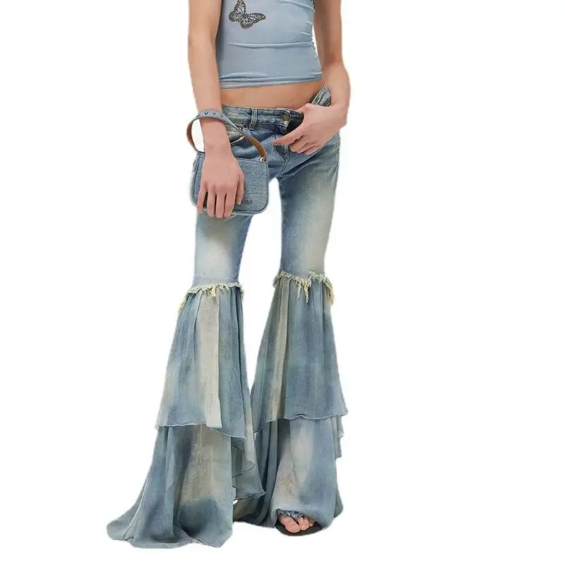 Celana Denim wanita, celana Jeans wanita rumbai kain perca sifon untuk perempuan 2023