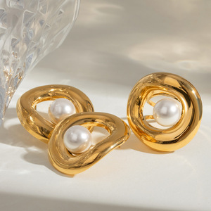 Geometric Pearl <b>Clip</b> <b>On</b> <b>Earrings</b> 18k Gold Plated Stainless Steel Everyday Wear Jewelry - Product Image 2