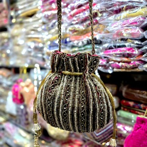 High Quality Maroon Color Potli Bag Ladies Embroidered Clutch <b>Handbag</b> 100% Pure Cotton Lining Braided Comfortable <b>Handle</b> Purse - Product Image 1