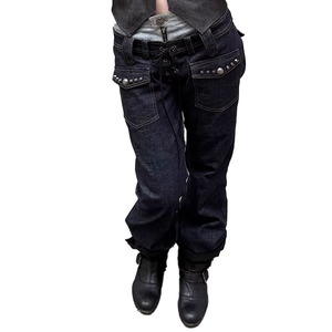 <span class=keywords><strong>Jeans</strong></span> Casual da Donna a Gamba Larga, Vestibilità Comoda, Vita Bassa, Cuciture Visibili, in Denim Spandex/Cotone Traspirante per Estate e Inverno - Product Image 3