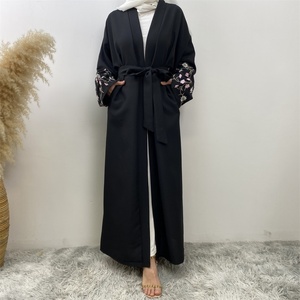 1407#B Latest Muslim Ladies Popular Linen Material Flower Embroidery With Pockets Open <b>Abaya</b> 3 Colors - Product Image 2