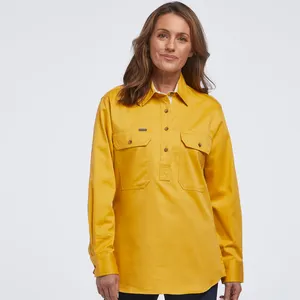 เสื้อเชิ้ตทำงานแขนยาวผ้าทอลายทแยงสีเหลืองสำหรับผู้หญิง,เสื้อเชิ้ตทำงานในประเทศกระดุมครึ่งหนึ่งผ้าฝ้าย100% แบบกำหนดเอง