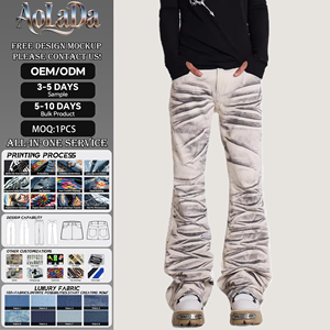 Pantalones Vaqueros Acampanados <span class=keywords><strong>MZN</strong></span> Personalizados de Fábrica con Lavado Desgastado y Efecto Envejecido, Slim Fit para Hombre, Estilo Urbano Hip Hop, Suministro ODM, Pantalones de Mezclilla con Cera Aplicada a Mano - Product Image 1