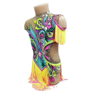 Maillot de <span class=keywords><strong>Gimnasia</strong></span> <span class=keywords><strong>Rítmica</strong></span> para Niñas LIUHUO, Diseño de Espiral Neón, Dobladillo con Flecos, Adorno de Pedrería, <span class=keywords><strong>Traje</strong></span> de Actuación - Product Image 4