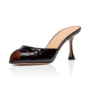 High Quality Women Summer Pumps Sexy Slip-On Lady Shoes Crocodile Print Peep Toe High Heels Mules