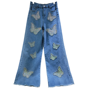 Boutique 2025 <span class=keywords><strong>Jeans</strong></span> Baggy da <span class=keywords><strong>Donna</strong></span> in Denim a Vita Alta con Perline a Forma di Farfalla Design Vintage e alla Moda per l'Estate 2025 - Product Image 1