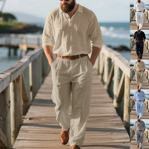 Autunno Casual per il tempo libero quotidiano da <span class=keywords><strong>uomo</strong></span> a maniche lunghe camicia <span class=keywords><strong>e</strong></span> <span class=keywords><strong>pantaloni</strong></span> due pezzi completi <span class=keywords><strong>di</strong></span> <span class=keywords><strong>lino</strong></span> <span class=keywords><strong>di</strong></span> alta qualità - Product Image 1