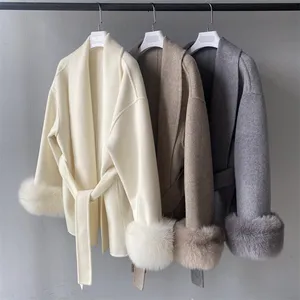 Custom Handmade Outdoor Winter Belted Double Faced Women Classic Cashmere Coat Luxury Real Big Fox Fur Cuff White Wool Coat