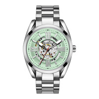 Mechanische Herrenuhr Automatik Skelett Edelstahl-Armband Leuchtende Römische Ziffern Mintgrünes Zifferblatt