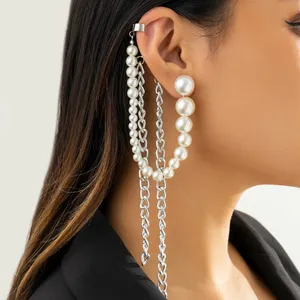 SHIXIN Fashion Earrings Cuff Temperament Metal Aluminum Chain Earrings Unique Imitation Pearl Tassel Earrings Stud Ear Bone Clip