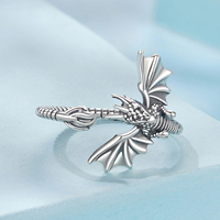 Bague ouverte en argent sterling 925 avec dragon volant, style rétro 3D, taille ajustable 5-9 pour femme, bijoux fins pour soirée SCR1133-E