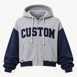 Sudadera con capucha y cremallera bordada personalizada, corte oversize y estilo crop, gris, azul marino, con estampado de letras, informal, para otoño, de forro polar - Product Image 1