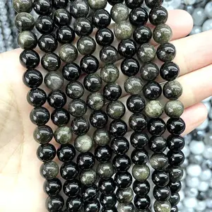 Factory Wholesale Natural Gold Obsidian Genuine Smooth Beads 8mm Round Gemstone Loose Beads For DIY Jewelry Making Full Strand