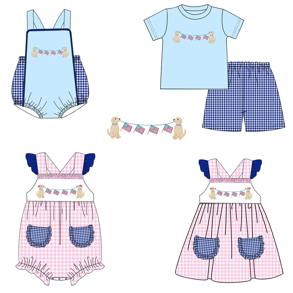Boutique 4 de Julio verano niños bebé trajes niños bandera perro bordado patriótico niños ropa