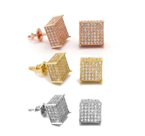 3 Color Geometric Cube Shaped Micro Pave CZ Screw Back Earring Top Quality Hip Hop Cool Men Boy Jewelry