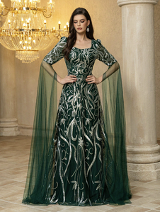 <span class=keywords><strong>Vestido</strong></span> de Noche de Lujo para Mujer, Estilo Vintage, Color <span class=keywords><strong>Verde</strong></span> <span class=keywords><strong>Esmeralda</strong></span>, Corte en A, con Mangas Transparentes y Escote Corazón, Adornado con Lentejuelas Bordadas - Product Image 4