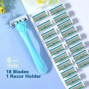 Women's Manual Razor 6 Layer Blade Stainless Steel Blue Handle Underarm Shaving Razor With 18 Replacement Blades - Product Image 1