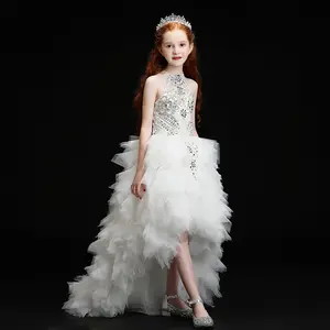 Çocuk dantel prenses elbise batı tarzı firar kız podyum düğün elbisesi performans kız beyaz elbise