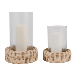 Set di portacandele in vetro a forma di lanterna con base in rattan per decorazioni per la casa, centrotavola per soggiorno - Product Image 2