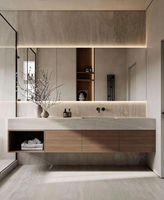 Meuble-lavabo mural de salle de bain en céramique écologique résistant à l'eau, finition placage bois de noyer naturel, design moderne et contemporain